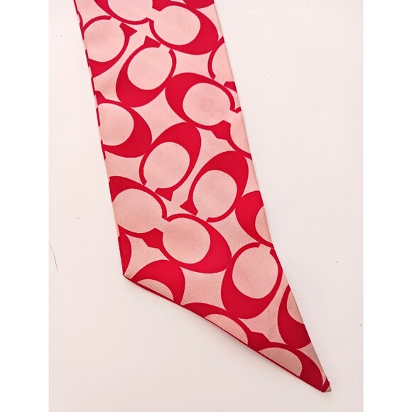 COACH 100% Silk Skinny Scarf Red Stripes/Logo Print Ponytail Bag Wrap - Picture 5 of 7